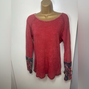 able Red Cotton & Rayon Southwestern Aztec Button Cuffs Thermal Boho Shirt M